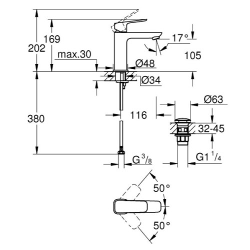 Одноважільний змішувач для раковини Grohe Cubeo, M-розміру (1017520000)