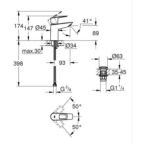 Однорычажный смеситель для раковины S-Size Grohe BauLoop New с нажимным донным клапаном (23878001)