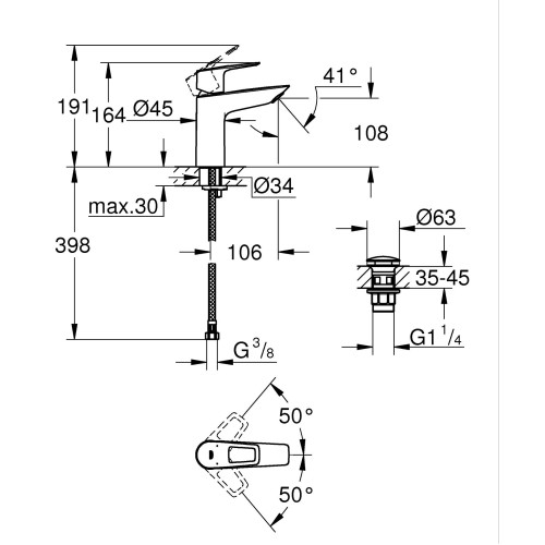 Однорычажный смеситель для раковины M-Size Grohe BauLoop New с нажимным донным клапаном (23886001)