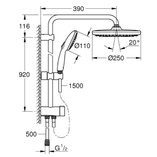 Душова система Flex з перемикачем настінного монтажу Grohe Tempesta System 250 (26675001)