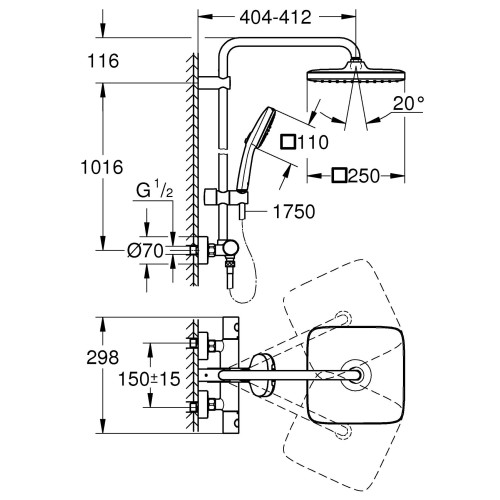 Душова система з термостатом для настінного монтажу Grohe Tempesta System 250 Cube (26689001)
