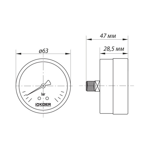 Манометр аксиальный (KOER KM.611A) (0-10 bar), D 63мм, 1/4''-1/2'' (KR0212)