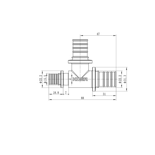 Тройник переходный Koer KA.T25-25-16 - 25(3.5mm) x 25(3.5mm) x 16(2.2mm) (KR4893)
