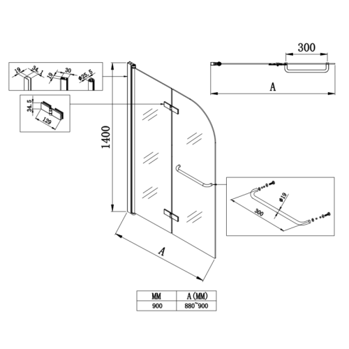 Шторки стеклянные на ванну Koer SR BS05-90x140-TR-01 прозрачное стекло Easy Clean 6мм, хром (KR5372)
