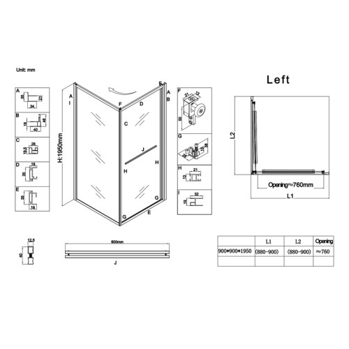 Душевая кабина без поддона Koer SR SC09-90x90x200-L-TR-07 прозрачное стекло Easy Clean 6мм Графит (KR5685)