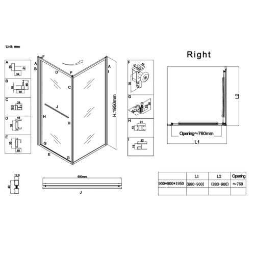 Душевая кабина без поддона Koer SR SC09-90x90x200-R-TR-12 прозрачное стекло Easy Clean 6мм Матовое золото (KR5771)