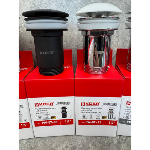 Донний клапан для раковини Koer PW-07-05 1 1/4'' з переливом автоматичний СLICK-СLACK (Колір чорний) (KR5785)