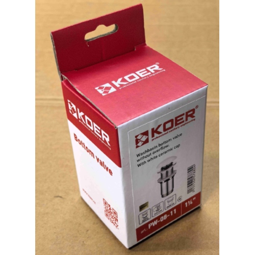 Донный клапан для раковины Koer PW-08-11 1 1/4'' без перелива автоматический СLICK-СLACK (Белая керам.накл) (KR5788)