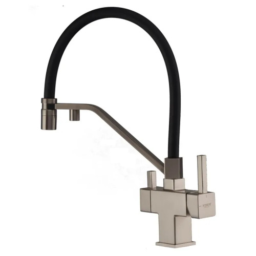 Смеситель для кухни KOER KB-72036-02 с выходом для питьевой воды (Цвет нерж+силиконовый излив черный) (KR5813)