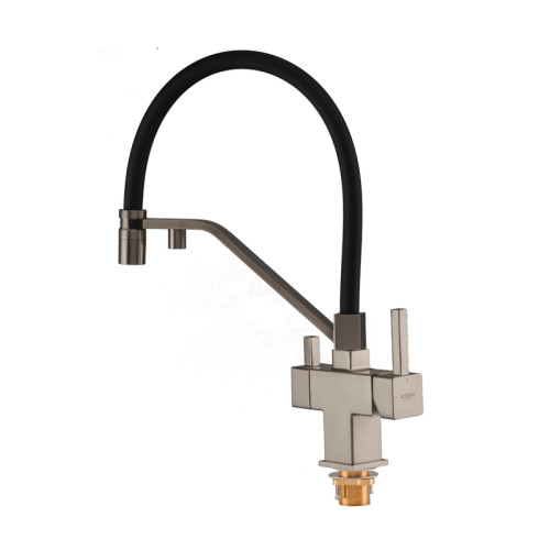 Смеситель для кухни KOER KB-72036-02 с выходом для питьевой воды (Цвет нерж+силиконовый излив черный) (KR5813)