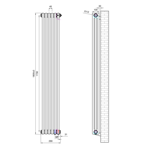 Радіатор трубчастий дизайнерський KOER ORBIS-UC3-180-06-BL універсальне підключення (Колір чорний) (KR6572)