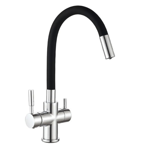 Змішувач для кухні MIXXUS PREMIUM HANS 021 REFL.BLACK з гнучким виливом з виходом для питної води (Колір хром+вилив чорний) (MI5934)