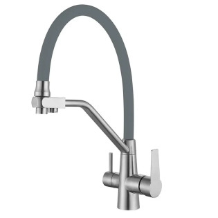 Змішувач для кухні MIXXUS FUL-021 REFL.GREY з гнучким виливом з нерж. сталі SUS304 з виходом для питної води (Колір нерж+вилив сірий) (MI6020)