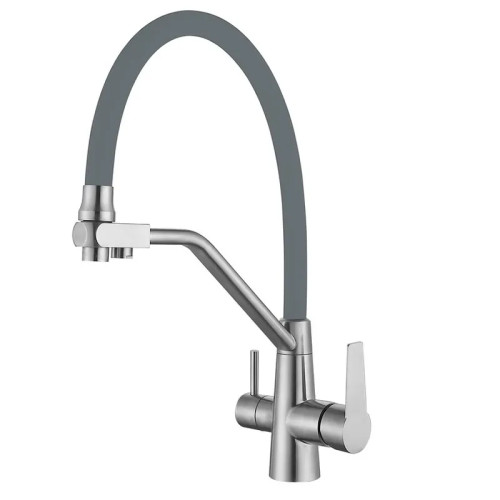 Змішувач для кухні MIXXUS FUL-021 REFL.GREY з гнучким виливом з нерж. сталі SUS304 з виходом для питної води (Колір нерж+вилив сірий) (MI6020)