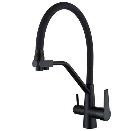 Змішувач для кухні MIXXUS FUL-021 BLACK REFL.BLACK з гнучким виливом з нерж. сталі SUS304 з виходом для питної води (Колір чорний+вилив чорний) (MI6021)