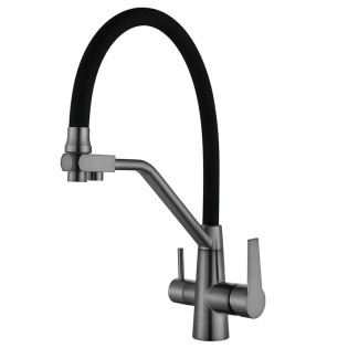 Змішувач для кухні MIXXUS FUL-021 GRAPHITE REFL.BLACK з гнучким виливом із нерж. сталі SUS304 з виходом для питної води (Колір графіт + вилив чорний) (MI6115)