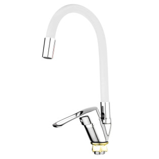 Змішувач для кухні MIXXUS FANY 011 NUT REFL.WHITE з гнучким виливом (без підведення) (Колір хром+вилив білий) (MI6289)
