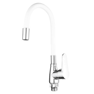 Смеситель для кухни MIXXUS ELVIS 014 NUT REFL.WHITE с гибким изливом (без подводки) (Цвет хром+излив белый) (MI6309)