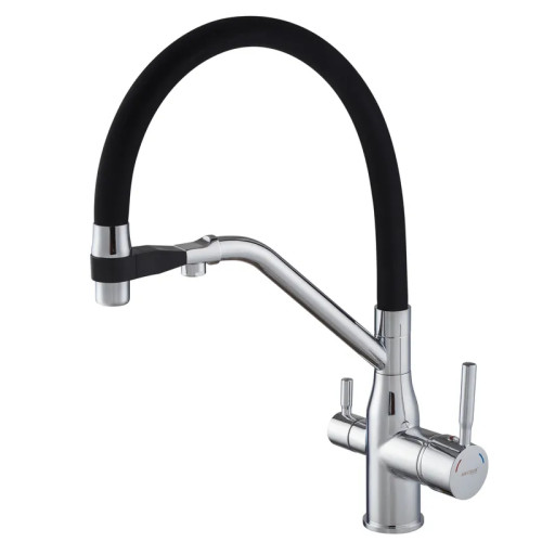 Змішувач для кухні MIXXUS PREMIUM GRAVITY 021 REFL.BLACK з гнучким виливом з виходом для питної води (Колір хром+вилив чорний) (MI6977)