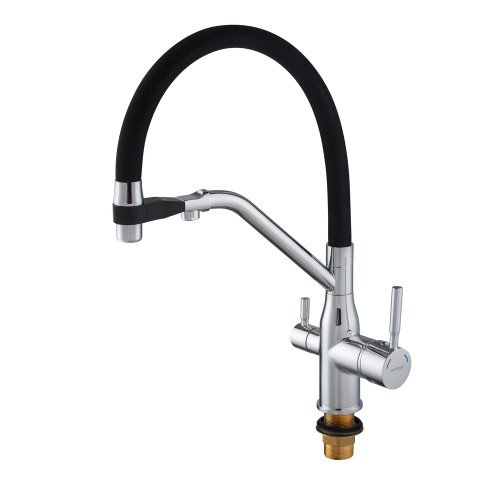 Змішувач для кухні MIXXUS PREMIUM GRAVITY 021 REFL.BLACK з гнучким виливом з виходом для питної води (Колір хром+вилив чорний) (MI6977)