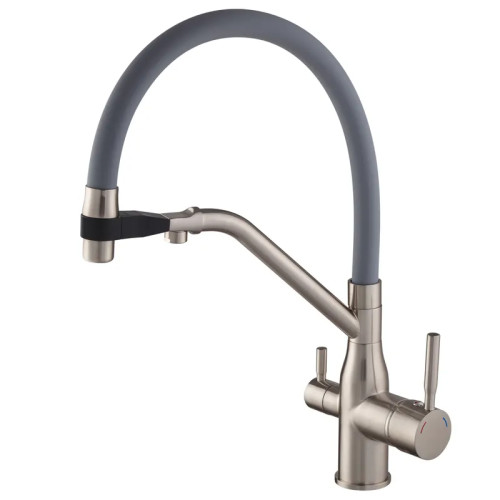 Змішувач для кухні MIXXUS PREMIUM GRAVITY 021 SS COLOR REFL.GREY з гнучким виливом з виходом для питної води (Колір нерж+вилив сірий) (MI6980)