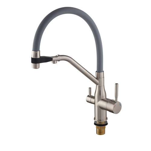 Змішувач для кухні MIXXUS PREMIUM GRAVITY 021 SS COLOR REFL.GREY з гнучким виливом з виходом для питної води (Колір нерж+вилив сірий) (MI6980)