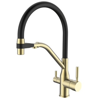 Змішувач для кухні MIXXUS PREMIUM GRAVITY 021 BRUSHED GOLD REFL.BLACK з гнучким виливом з виходом для питної води (Колір матове золото+вилив чорний) (MI6981)