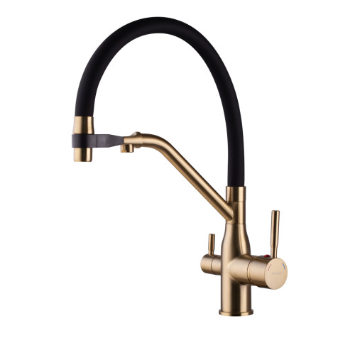 Змішувач для кухні MIXXUS PREMIUM GRAVITY 021 BRUSHED GOLD REFL.BLACK з гнучким виливом з виходом для питної води (Колір матове золото+вилив чорний) (MI6981)