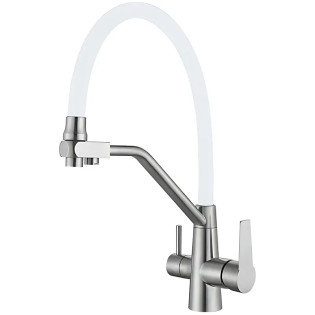 Змішувач для кухні MIXXUS FUL-021 REFL.WHITE з гнучким виливом з нерж. сталі SUS304 з виходом для питної води (Колір нерж+вилив білий) (MI7017)
