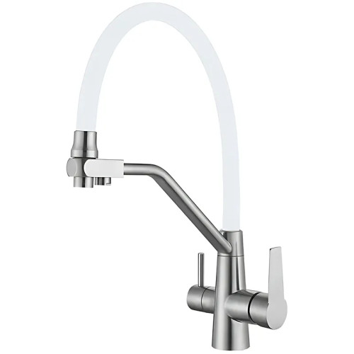Змішувач для кухні MIXXUS FUL-021 REFL.WHITE з гнучким виливом з нерж. сталі SUS304 з виходом для питної води (Колір нерж+вилив білий) (MI7017)
