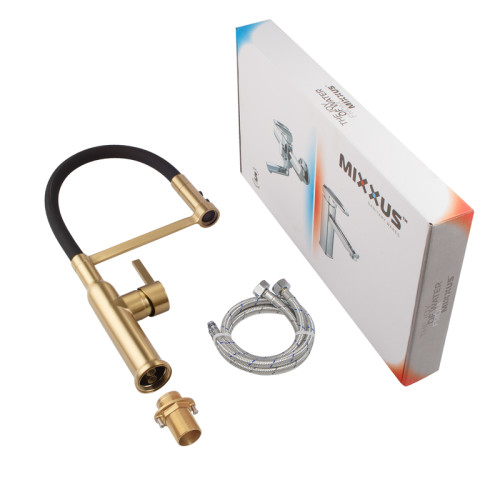 Змішувач для кухні MIXXUS PREMIUM PULL 017 BRUSHED GOLD REFL.BLACK (Колір матове золото+силік. вилив чорний) (MI8280)