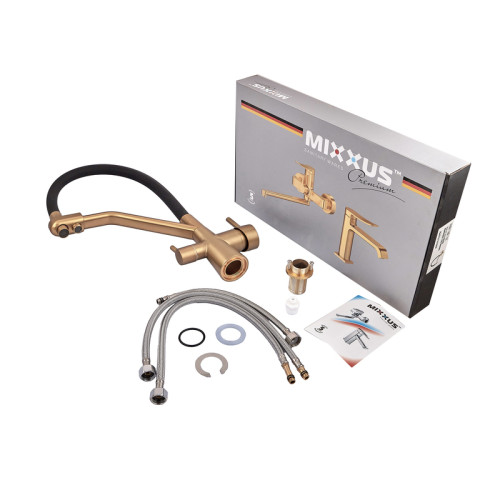 Змішувач для кухні MIXXUS PREMIUM SENNA 021 BRUSHED GOLD REFL.BLACK з виходом для питної води (Колір матове золото+силік. вилив чорний) (MP6722)
