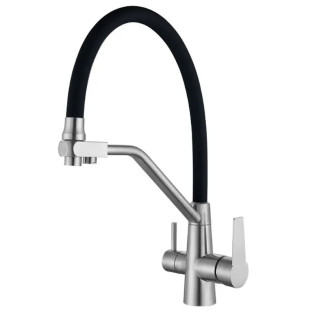 Змішувач для кухні MIXXUS FUL-021 REFL.BLACK з гнучким виливом з нерж. сталі SUS304 з виходом для питної води (Колір нерж+вилив чорний) (MX0787)