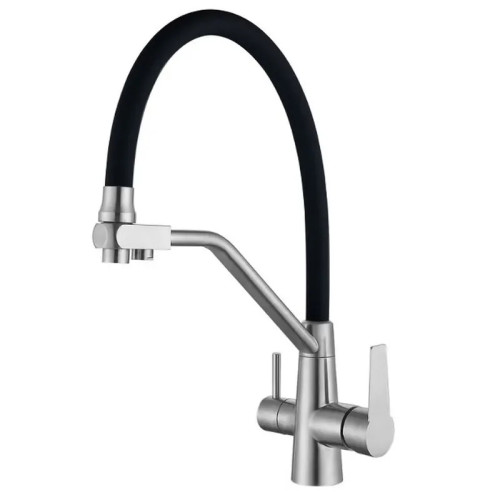 Смеситель для кухни MIXXUS FUL-021 REFL.BLACK с гибким изливом из нерж. стали SUS304 с выходом для питьевой воды (Цвет нерж+излив черный) (MX0787)