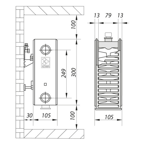 Сталевий радіатор KOER 22x300x600B (766 Вт, 9,85 кг, нижнє підключення, з термоклапаном) (RAD099)