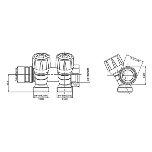 Колектор з регулюючими вентилями на 2 вих. Roho R809-02 - 3/4
