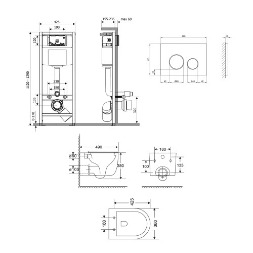 Готове рішення Qtap для ванної кімнати: підвісний унітаз Taurus Ultra Quiet 485×360×350 + комплект інсталяції Nest 4 в 1 (кругла клавіша Chrome)