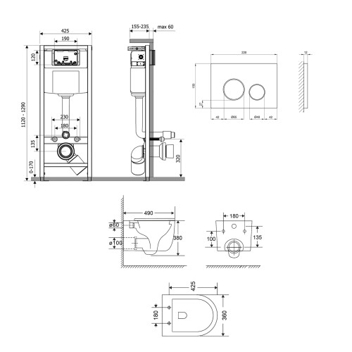 Готове рішення Qtap для ванної кімнати: підвісний унітаз Taurus Ultra Quiet 485×360×350 + комплект інсталяції Nest 4 в 1 (кругла клавіша Matt Black)