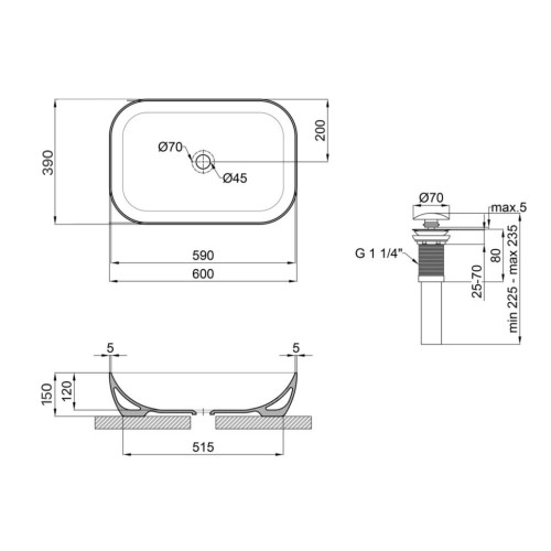 Комплект Qtap Robin: Раковина накладна прямокутна 600x390x150 мм White + Донний клапан PU02