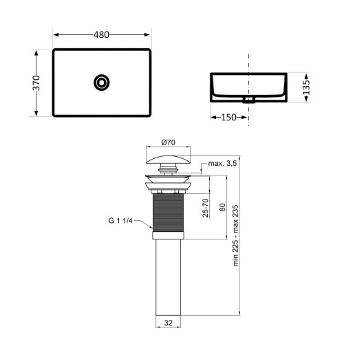 Комплект Qtap Tern: Раковина накладна прямокутна 480х370х135 мм Matt Black + Донний клапан PU03