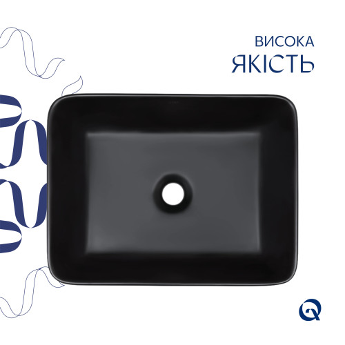 Комплект Qtap Tern: Раковина накладна прямокутна 480х370х135 мм Matt Black + Донний клапан PU03