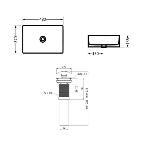 Комплект Qtap Tern: Раковина накладна прямокутна 480х370х135 мм White + Донний клапан PU02