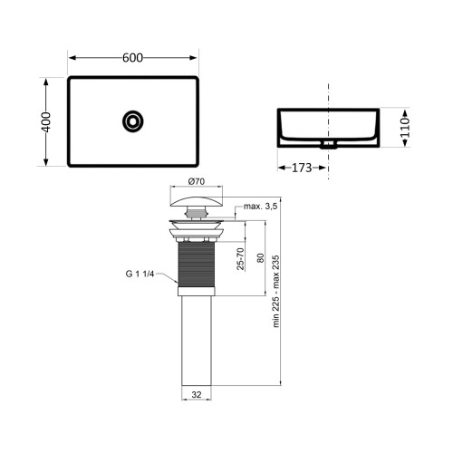 Комплект Qtap Tern: Раковина накладна прямокутна 600x400x110 мм WHITE + Донний клапан PU02
