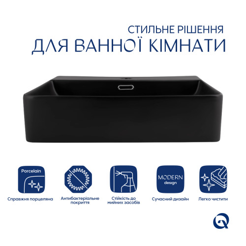 Комплект Qtap Nando LT: Раковина підвісна прямокутна 500х420х130 мм Matt Black + Донний клапан PU03O
