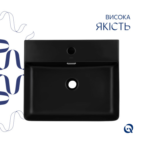 Комплект Qtap Nando LT: Раковина підвісна прямокутна 500х420х130 мм Matt Black + Донний клапан PU03O