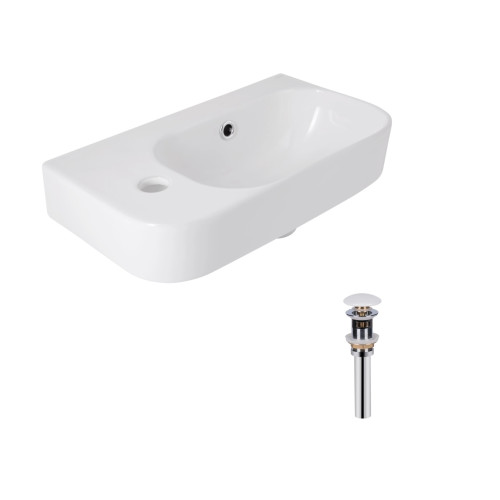Комплект Qtap Tern: Раковина підвісна прямокутна ліва 450х250х158 мм White + Донний клапан PU02O