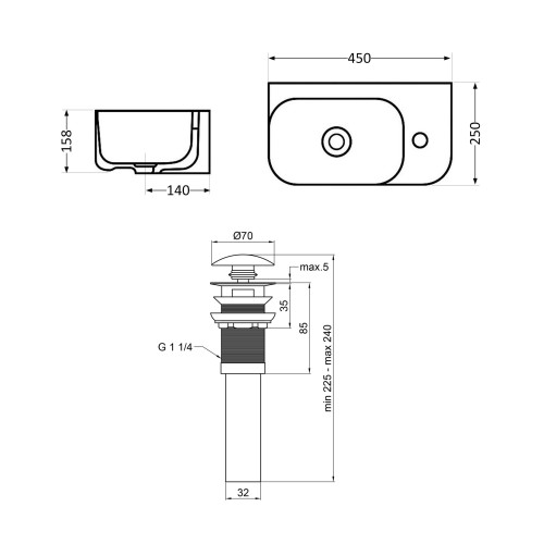 Комплект Qtap Tern: Раковина підвісна прямокутна права 450х250х158 мм White + Донний клапан PU02O