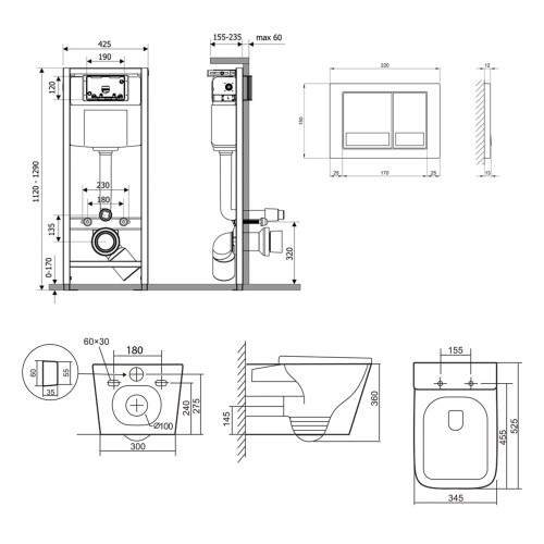 Готове рішення Qtap для ванної кімнати: унітаз підвісний Tern Ultra Quiet 525x345x360 + комплект інсталяції Nest 4 в 1 (квадратна клавіша Chrome)