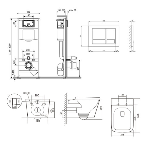 Готове рішення Qtap для ванної кімнати: підвісний унітаз Tern Ultra Quiet 525x345x360 + комплект інсталяції Nest 4 в 1 (квадратна клавіша Satin)