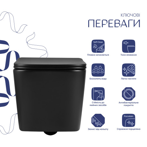Унітаз підвісний Qtap Crow Ultra Quiet 485×340×290 мм, Matt Black, із сидінням Slim Duroplast/ Soft-close/ Quick Release QT05335171MB
